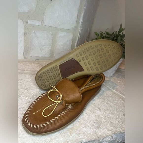 Cabela’s natural brown Leather Shearling Lined Moccasin Slip On slippers sz 15 - Picture 7 of 7